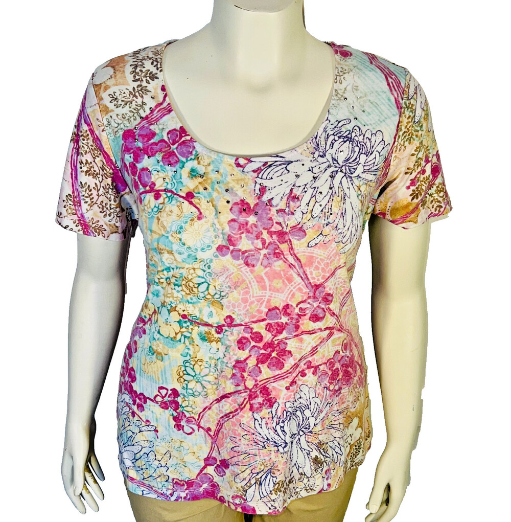 Nicole Miller Tee Shirt Womens XL Pastel Floral Silver Beaded Short Sleeve